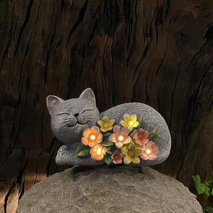 Solar Cat Garden Statue, Resin Solar Cat Lights for Outside - color: Gray With Colorful Flowers--lying Cat