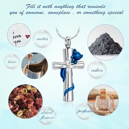 Cross Urn Necklaces for Men Women Cat Butterfly Cremation Jewelry for Ashes Stainless Steel Pet Memorial Ashes Pendant Keepsakes Jewelry - color: Blue