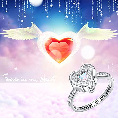 925 Sterling Silver Lab Opal Heart Urn Ring for Ashes Angel Wings Cremation Jewelry Memorial Keepsake Rings for Women Girls Easter Gifts