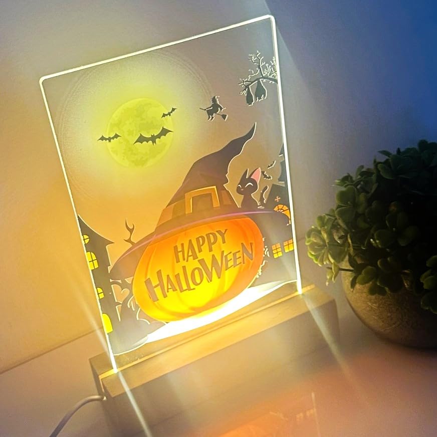 MIRROR MANIA Happy Halloween Pumpkin Wood Base LED Night Light - Custom Gift for Mom, Dad, Brother, Friend, Sister, Nursery, Kid's Room Decor, Holiday Party, Halloween Home Decor, Made in America