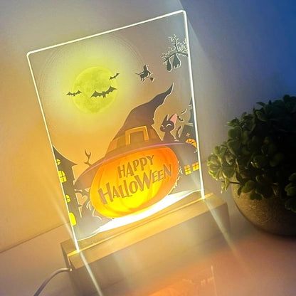 MIRROR MANIA Happy Halloween Pumpkin Wood Base LED Night Light - Custom Gift for Mom, Dad, Brother, Friend, Sister, Nursery, Kid's Room Decor, Holiday Party, Halloween Home Decor, Made in America