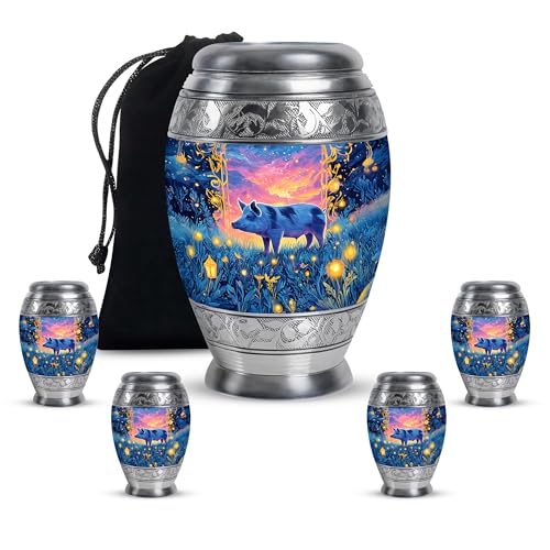 Pig Human Urns for Ashes Adult Woman and Men - Blue Urns for Human Ashes Adult Female - Cremation Urn for Father and Mother Remains for Funeral 10 Inch with 4 Keepsake Set - color: Pig-2, size: Combo-3