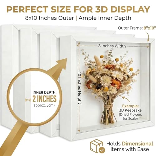 4 Pack Shadow Box Frame Display Cases, 8"x 10" Wood Deep Black Handicrafts Shadowbox for Flowers Jersey Wedding (White) - color: White