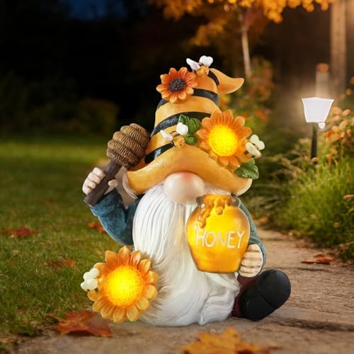 basen Bee Gnome Solar Garden Statue Outdoor Decor, Resin Gnome with Sunflower and Honey Jar, Solar Powered Lighted Yard Lawn Patio Porch Decoration, Waterproof Yard Art - color: Bee Gnome