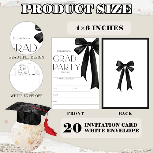 DETIHO Graduation Party Invitations 2026, Black Bow Graduate Celebration | Invites with Envelopes | 20 Pack Grad Announcement Cards - G07 - style: Black Bow
