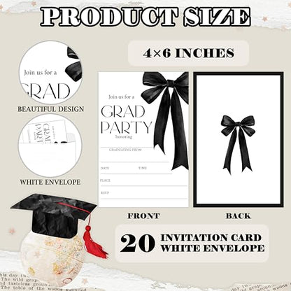 DETIHO Graduation Party Invitations 2026, Black Bow Graduate Celebration | Invites with Envelopes | 20 Pack Grad Announcement Cards - G07 - style: Black Bow