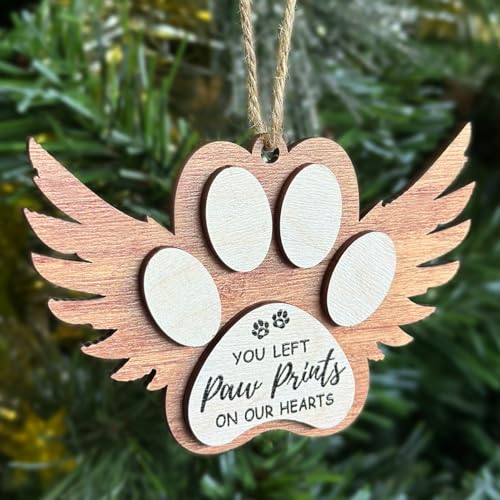 Angel Wings Paw Print Christmas Ornament – Pet Memorial Ornament for Dogs, Sympathy Gift for Bereaved Pet Owners, Remembrance Keepsake for Dog Lovers, Wooden Xmas Ornament - style: Paw Wings Brown