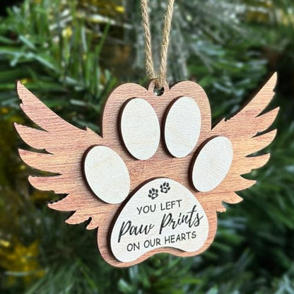 Angel Wings Paw Print Christmas Ornament – Pet Memorial Ornament for Dogs, Sympathy Gift for Bereaved Pet Owners, Remembrance Keepsake for Dog Lovers, Wooden Xmas Ornament - style: Paw Wings Brown