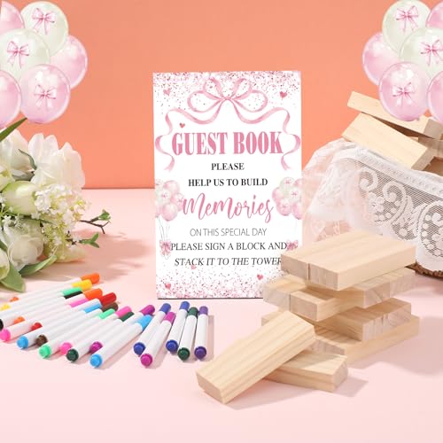 Beeveer 80 Pcs Wedding Guest Book Alternative Wooden Block Guest Book for Wedding Sign in Bridal Shower Decoration 54 Pcs Wooden Block Bridal Shower Game for Sign in, Reception(Pink Bow) - style: Pink Bow