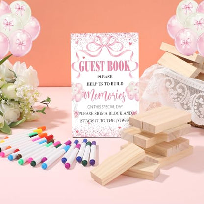 Beeveer 80 Pcs Wedding Guest Book Alternative Wooden Block Guest Book for Wedding Sign in Bridal Shower Decoration 54 Pcs Wooden Block Bridal Shower Game for Sign in, Reception(Pink Bow) - style: Pink Bow