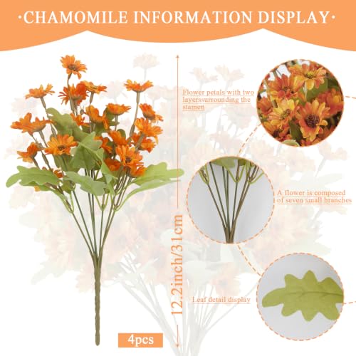 4 Pcs Artificial Fall Flowers Mum Bush Artificial Daisy Mums Flowers Bulk Orange Daisy Artificial Flowers Chrysanthemums Silk Flowers Autumn for Outside Cemetery Table Thanksgiving Harvest - color: Orange