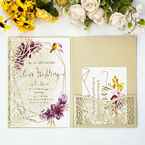 Customized inner page Laser Cut Wedding Invitations Card Pocket with Envelope for Birthday Party Baby or Bride Shower Invite suitable for 5 * 7 Inches Insert Paper (50 PCS Personalized Printed) - color: 50 PCS Personalized Printed