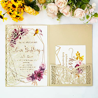 Customized inner page Laser Cut Wedding Invitations Card Pocket with Envelope for Birthday Party Baby or Bride Shower Invite suitable for 5 * 7 Inches Insert Paper (50 PCS Personalized Printed) - color: 50 PCS Personalized Printed