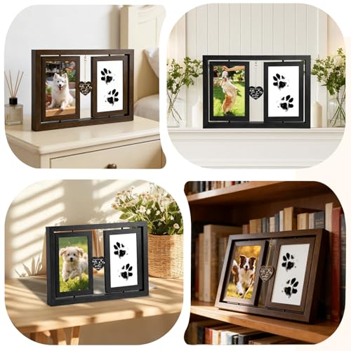Dog Picture Frame 4x6, Paw Print Kit for Dogs, Dog Memorial Gifts for Loss of Dog | Rotating Wooden Double Sided Display Pet Paw & Nose Print DIY Kit - color: Black