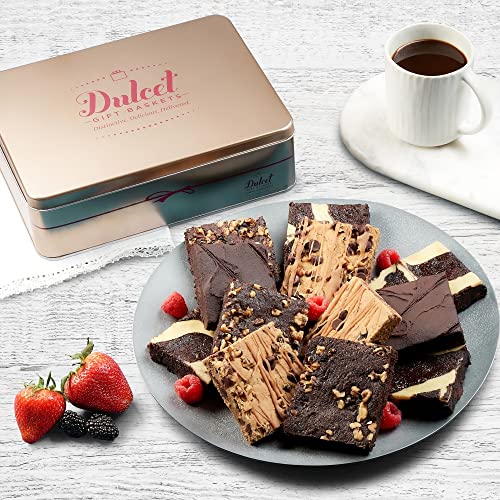 Dulcet Gift Baskets Premium Gourmet Gift Box Gourmet Chocolate Brownie Tin Brownie Assortment Delicious Cheesecake, Rocky Fudge, Chocolate Ganache, Brownies Fresh Healthy Ingredients Happy Holidays Gift - color: All Occasions
