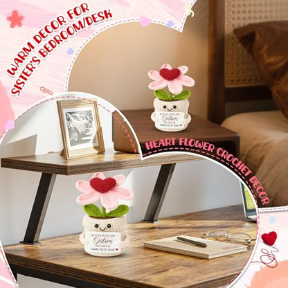 Good Bye Gifts for Women Sisters - Crochet Heart Flower Plant - Birthday Gifts for Sis Soul Sissies BFF Bestie Best Friends Work Sister - Long Distance Relationship Keepsake - color: Sisters1