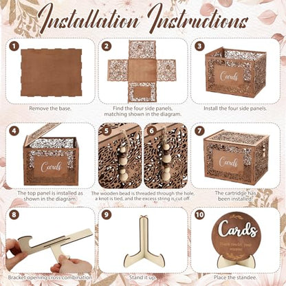 Wedding Card Box with Sign Boho Rustic Wood Gift Card Box Vintage Money Cards Holder for Wedding Baby Shower(Flower,Brown,11.4 x 9 x 8.5 Inches) - style: Flower
