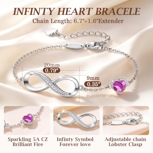CDE 925 Sterling Silver Infinity Birthstone Bracelet Jewelry Gift for Women | Hypoallergenic,Non Tarnish,Heart CZ,Nickel-Free & Lead-Free,Anniversary Christmas Birthday Idea Gifts for Wife Girlfriend Her - color: Crystal-Purple