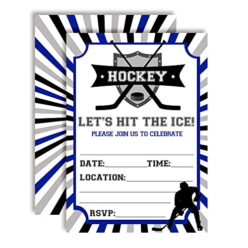 Amanda Creation Blue & Gray Hockey Birthday Party Invitations, 20 5x7 Fill-In Cards with Twenty White Envelopes - style: Blue & Gray Hockey