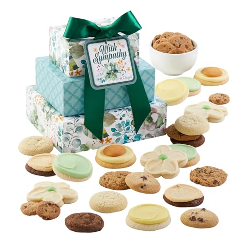 Cheryl's Cookies® Sympathy Gift Cookie Tower, 34 Cookies | Chocolate Chip, Oatmeal Raisin, Sugar & Buttercream Frosted, Individually Wrapped, Gift for Loved Ones, Condolences