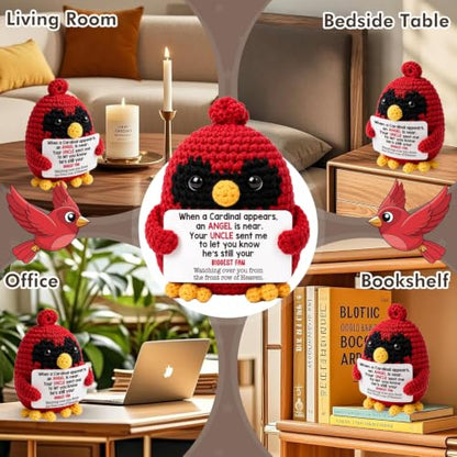 Handmade Crochet Cardinal Memorial Gift Loss of Uncle Relatives Bereavement Sympathy Remembrance Comfort Condolence Passed Away Loved One Angel Red Bird Spiritual Messenger Keepsake Fan - style: Loss of Uncle