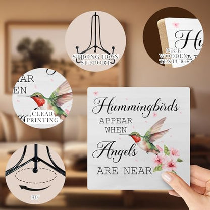 Hummingbird Memorial Wooden Desk Sign, Sympathy Gifts for Loss of Loved One, Hummingbirds Appear When Angels Are Near Memorial Wood Plaque With Stand for Home Room Decorations, 5x5 Inch