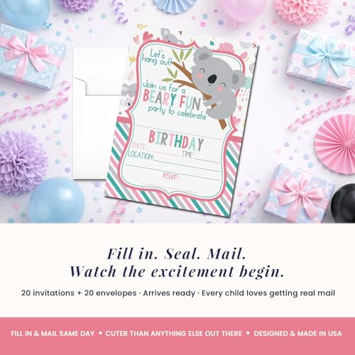 Amanda Creation Koala Birthday Invitations, 20 Pack 5x7 Fill-In Koala Party Invitations with White Envelopes, Let's Hang Out Cute Bear Birthday Cards, Made in USA - color: Let's Hang Out Cute Koala Bear