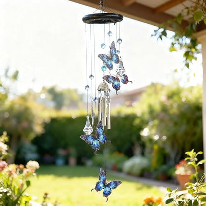 YU FENG Butterfly Memorial Wind Chime, Crystal Suncatcher Outdoor Decor | 27 Inch Metal Hanging Chime, Blue Butterfly Design, Sympathy Remembrance Gift, Garden Yard Patio Decoration - style: Blue Garden – Butterfly – 27 Inch