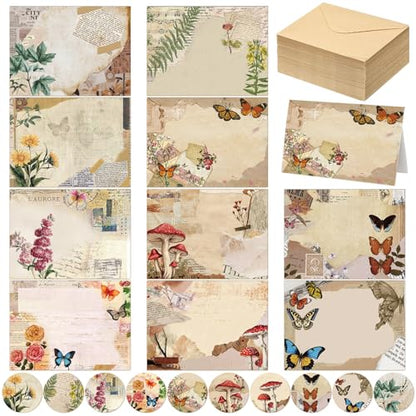 Motiskyy 100 Pcs Nature Vintage Design Blank Greeting Cards 4x6, Rustic Butterfly Blank Cards, 10 Designs, Great Stationary Set for All Occasions with Matching Rustic Envelopes and Stickers - style: Rustic