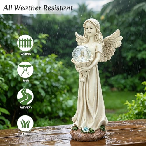 MUMTOP Angel Statues for Garden, White Solar Angels Statue for Cemetery | Lighted Yard Angel Statues Outside with Crackle Glass Ball LED Light,Resin Memorial Figurines Gifts for Women,lawn decoration