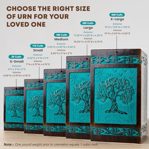 Tree of Life Wooden Urn for Human Ashes, Medium 115 cu in, Teal Green - color: Teal Green, size: Medium (115 cu in)