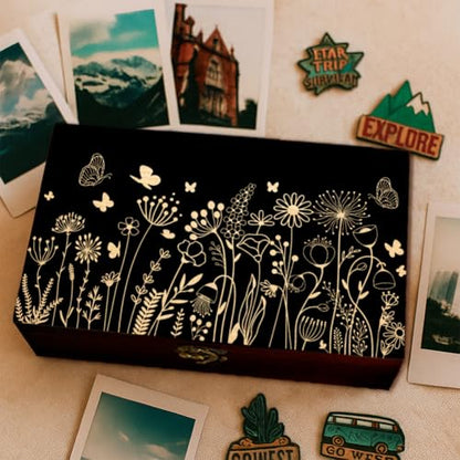 arricraft 1 Pc Wooden Memory Keepsake Box, Wildflower Cluster Butterflies Engraved Pattern Rectangle Pine Tarot Box for Anniversary Jewelry Board Storage (9.45x5.51x3.54 Inch)