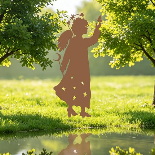Rusty Angel Metal Garden Stake, Cute Flower Pot Decor for Yard | Angel with butterfly & moon staff, vintage rust finish, for garden, flower pot, patio, cute outdoor decoration gift. - color: Rusty Angel