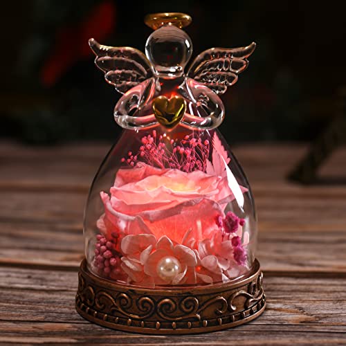 Preserved Real Rose in Glass Angel Figurine with LED Light, Angel Gifts for Women, Mom, Grandma on Mother's Day Christmas Birthday (Pink) - color: Pink