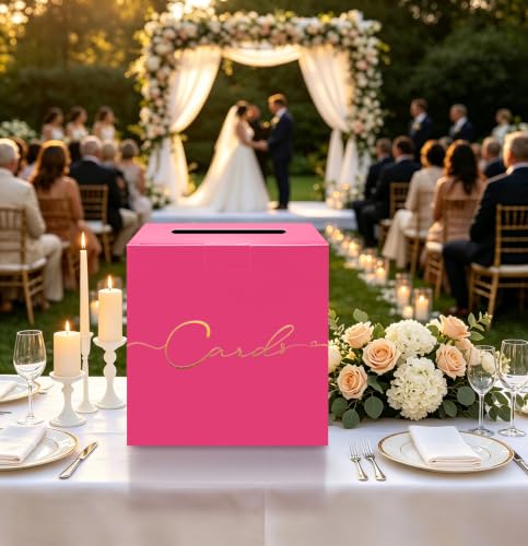 HEIPINIUYE Hot Pink Wedding Card Box with Gold Foil 9.8" x 9.8" Pink Large Gift Card Box for Party Wedding Reception Graduation Birthday Baby Shower Cardboard Raffle Envelope Box with Slot - color: Hot Pink Card Box with Gold Foil