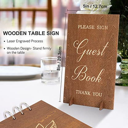 Creawoo Wooden Wedding Guest Book Reception Sign in Guestbook with Table Sign, Pen & Holder, Hardcover Memory Registry Photo Album with 90 White Pages for Wedding, Baby Shower, Birthday-11 x 8.5" - size: 11"