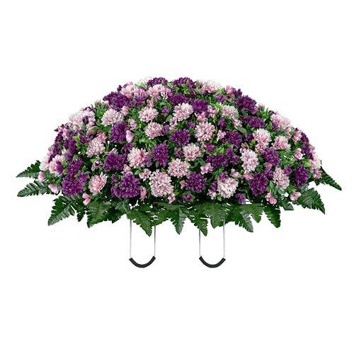 Artificial Cemetery Flowers - Gravesite Memorial Arrangment - Pink & Purple Garden Mums - (1) Headstone Saddle - color: Pink & Purple, size: (1) Saddle