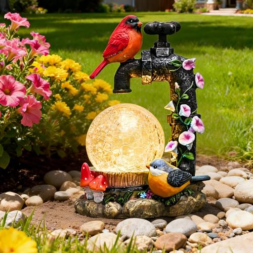 TERESA'S COLLECTIONS Cardinal Garden Decor and Solar Light Glass Ball 6" | LED Light, Cute Cardinal and Faucet , Waterproof Resin Garden Statues, Birds Decor Gifts, Birthday Gifts for Women Mom, - size: Medium