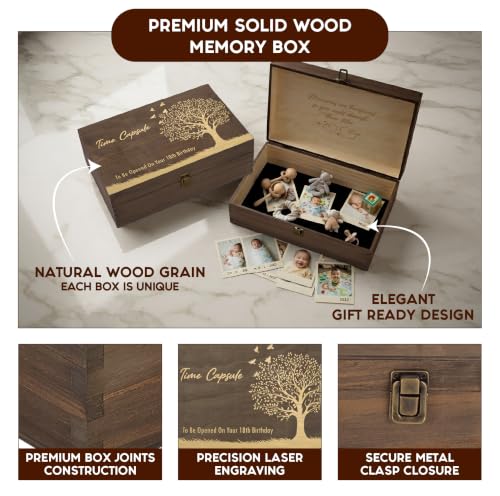 Time Capsule Engraved Wooden Keepsake Box, Memory Box to Be Opened on 18th Birthday with Inside Engraving, Baby Milestone Storage Gift for Photos, Cards & Precious Keepsakes X-Large 14.15 x 9.5 x 4.5" - size: X-Large, style: Time Capsule