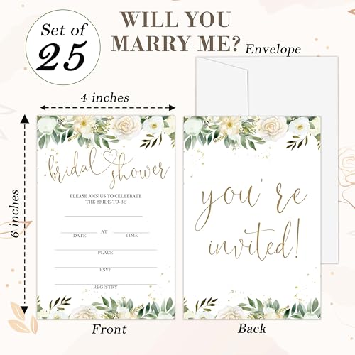 Bridal Shower Invitations, 25 Creamy Rose Invites with Envelopes for Bridal Shower Reception Engagement Party, Greenery Gold Wedding Party Cards - B15 - style: Greenery Gold