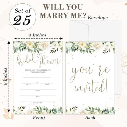 Bridal Shower Invitations, 25 Creamy Rose Invites with Envelopes for Bridal Shower Reception Engagement Party, Greenery Gold Wedding Party Cards - B15 - style: Greenery Gold