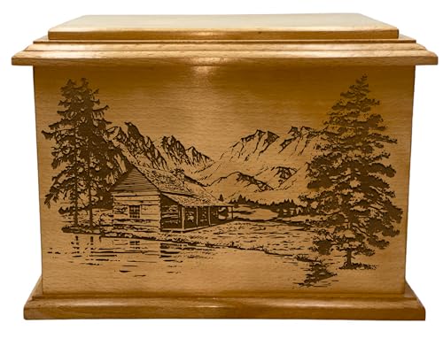 Wooden Urn for Human Ashes, Large Funeral Cremation Urn with Personlaization and Multiple Designs (Valley Cabin)