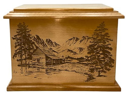Wooden Urn for Human Ashes, Large Funeral Cremation Urn with Personlaization and Multiple Designs (Valley Cabin)