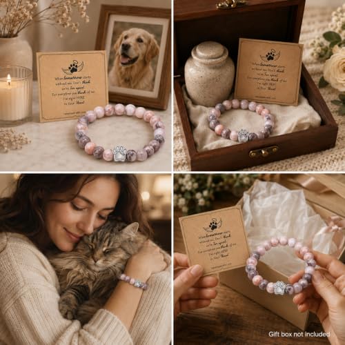 Pink Gray Stone Bead Pet Memorial Bracelet | Paw Print Charm | Dog Cat Loss Rainbow Bridge In Loving Memory Sympathy Gift | Keepsake Jewelry for Dog Mom Cat Mom with Sympathy Card