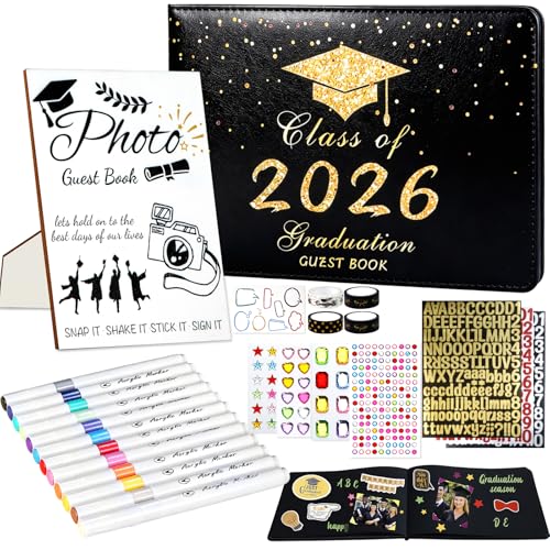 29 Pcs 2026 Graduation Guest Book Set with Graduation Photo Guest Book Sign, Graduation Scrapbook Photo Album Memory Book DIY Kit with Markers Stickers