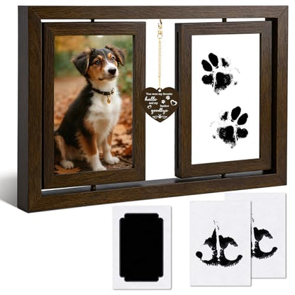 Dog Picture Frame 4x6, Paw Print Kit for Dogs, Dog Memorial Gifts for Loss of Dog Passing Away Sympathy Gifts | Rotating Wooden Double Sided Display Pet Paw & Nose Print DIY Kit - color: Brown