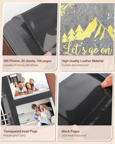Leather Photo Album 4x6 200 Photos,Slip-in Photo Album Book with 50 Sheets, Travel Souvenir Diary Photo Book for Family Wedding Baby and Holiday Pictures - color: Grey