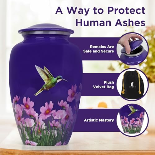 Cremation Urn for Human Ashes Adult Male Female – Large 200 lb Capacity Hummingbird Funeral Urn by ITEMANDCO, Handcrafted Aluminum Memorial Burial Urn, Purple - color: Purple
