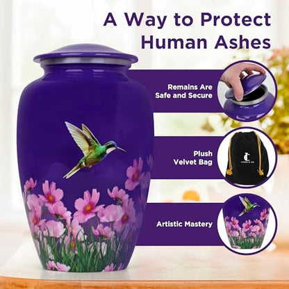 Cremation Urn for Human Ashes Adult Male Female – Large 200 lb Capacity Hummingbird Funeral Urn by ITEMANDCO, Handcrafted Aluminum Memorial Burial Urn, Purple - color: Purple