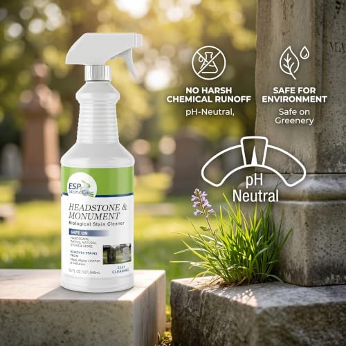 Headstone Cleaner Kit for Grave Cleaning - 1 Quart Spray Solution - Includes Drill Brushes - Ideal for Cleaning Headstones, Tombstones, and Memorials